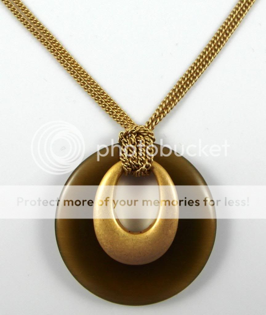 Lia Sophia Signed Necklace Brushed Gold Plated Tigers Eye Disc 16 18