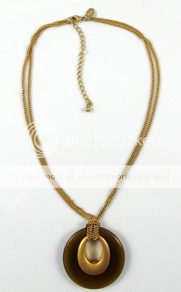 Lia Sophia Signed Necklace Brushed Gold Plated Tigers Eye Disc 16 18